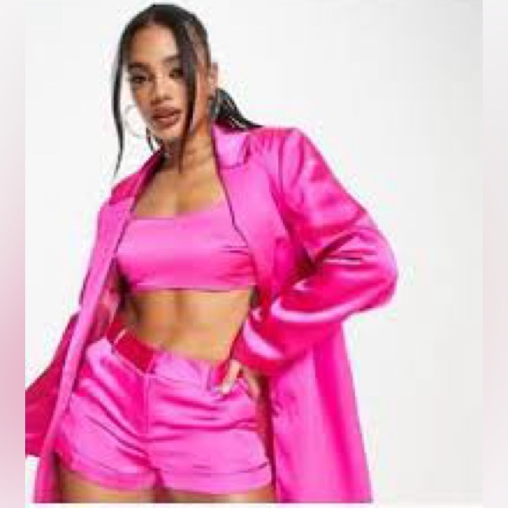 As You Womens Hot Pink Satin Oversized Blazer with Crop Top Coord Set